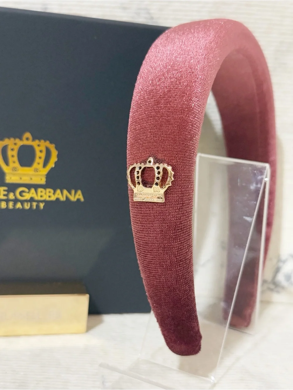 Dolce & Gabbana Beauty Burgundy Plush Headband with Dolce Queen Crown Pendant
